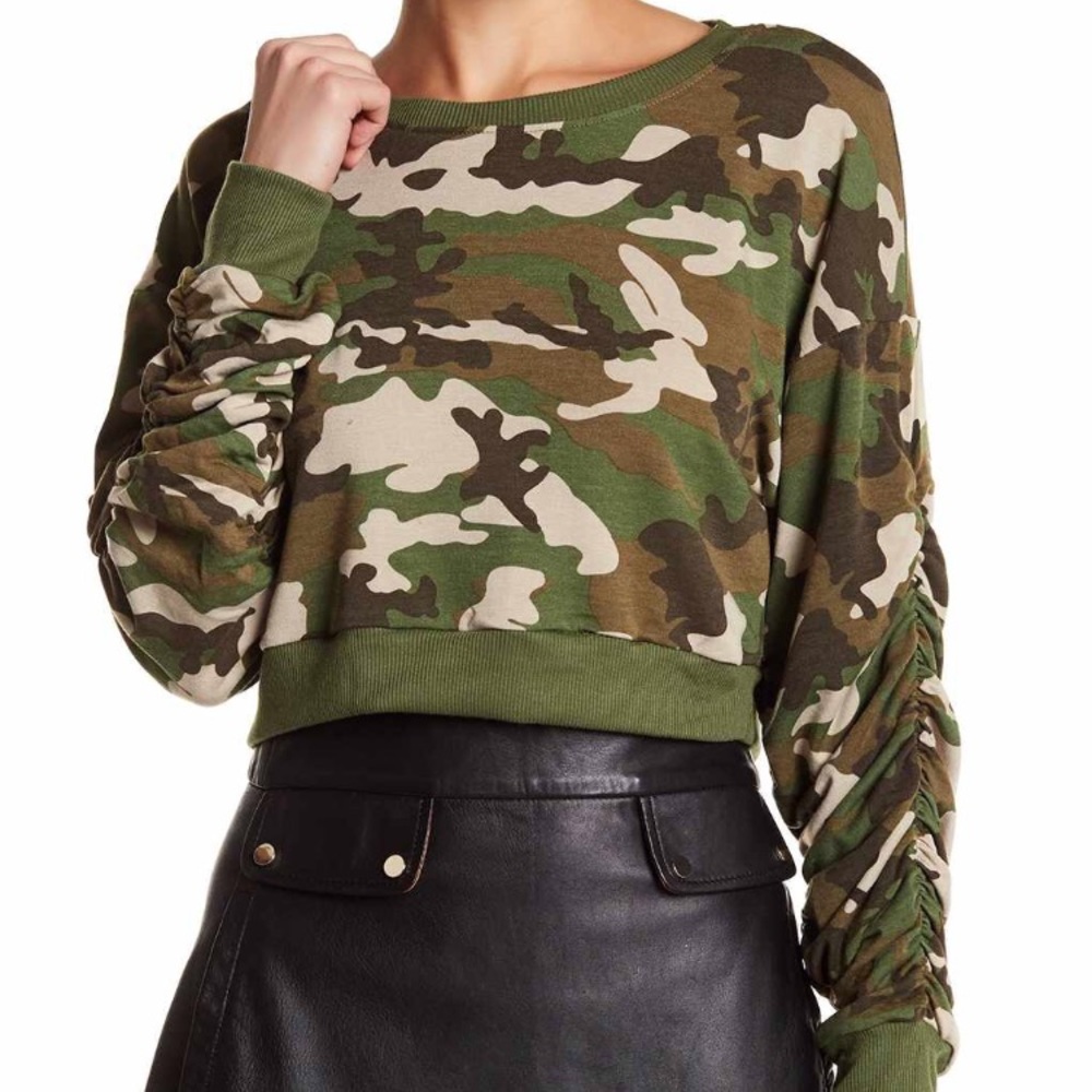 New POOF Camouflage Cropped Sweater Size L NWT